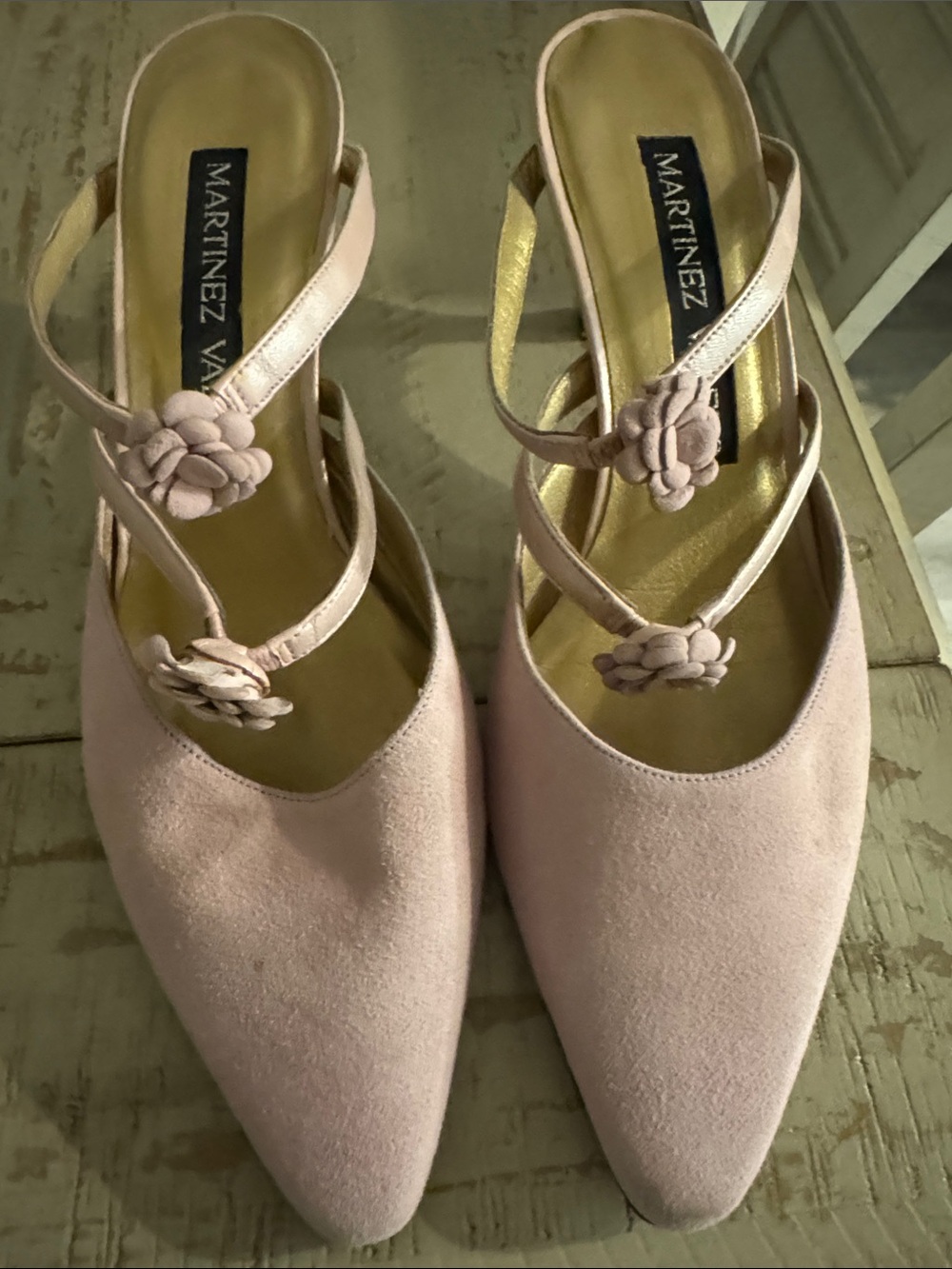 Martinez Valero Blush Pink Suede Pointed Toe Slingback Mules